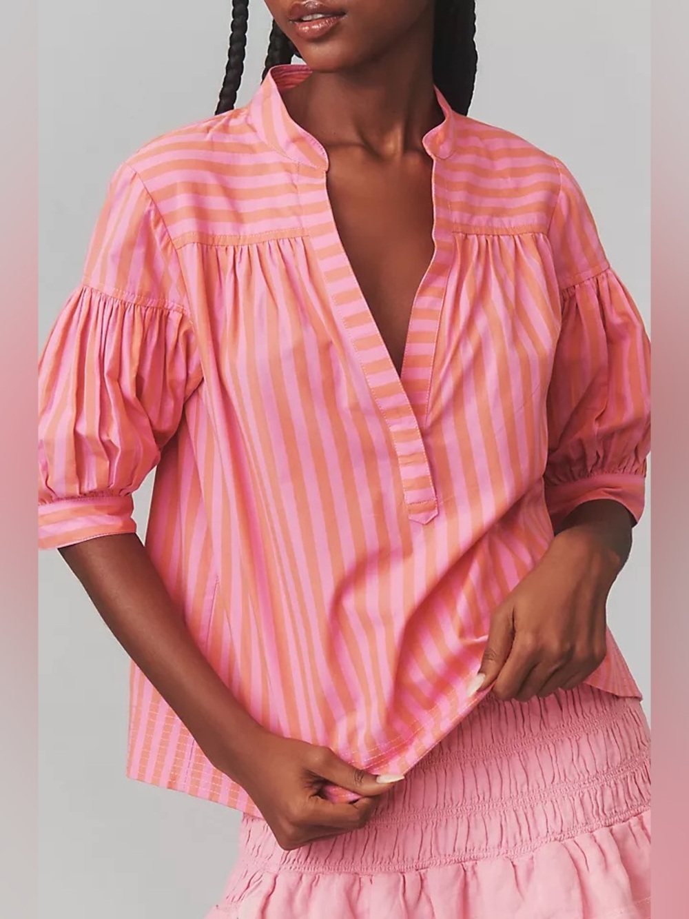 Anthropologie Pink Striped Split-Neck Tunic